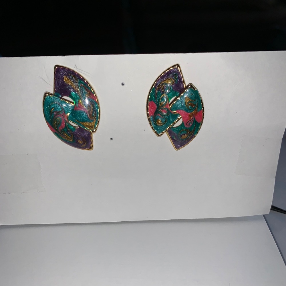 Vintage Enamel Abstract Geometric Post Earrings Teal Purple Gold 80s‎ Statement